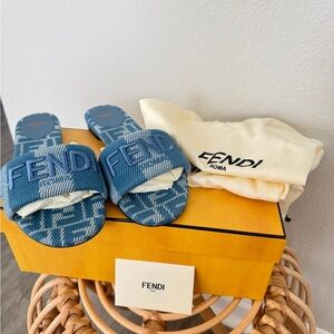 Fendi Denim Blue Logo Slides